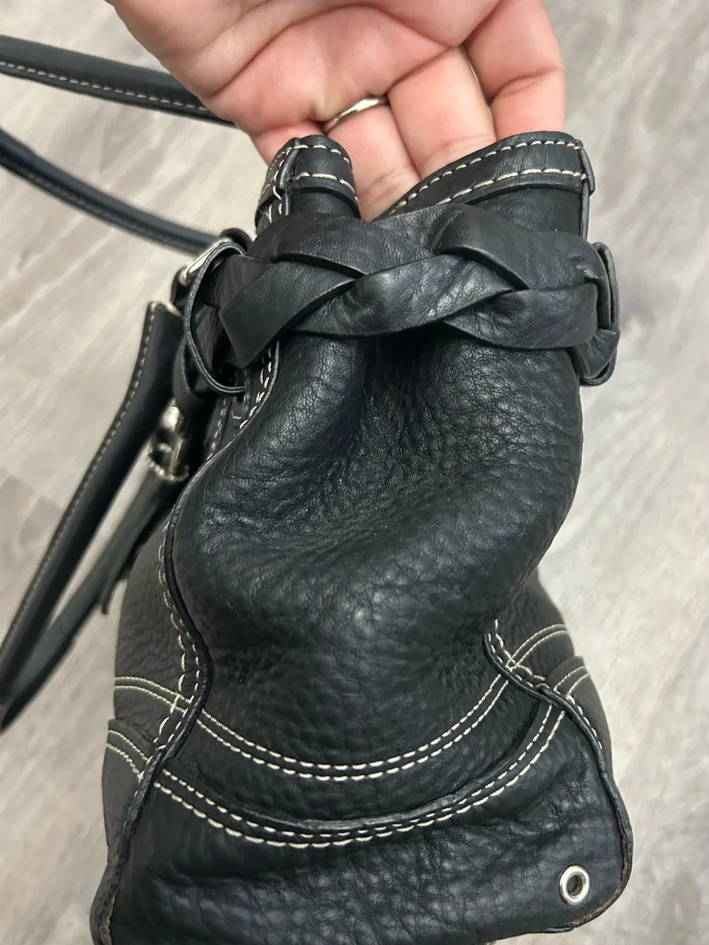 Coach Black Pebbled Leather Shoulder Bag with Silver Hardware and Tassel